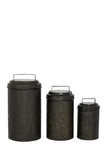 Willow Row | Black Metal Farmhouse Canisters - Set of 3 | Nordstrom Rack Black Metal Farmhouse, Masculine Bar, Farmhouse Canister Set, Farmhouse Canisters, Distressed Kitchen, Metal Farmhouse, Black Farmhouse, Metal Canisters, Eclectic Kitchen