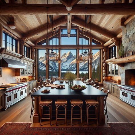 Luxurious mountain log cabin kitchen boasting slate countertops, reclaimed wood cabinets, and stainless steel appliances. Enjoy panoramic views and warmth from a grand fireplace. #LuxuriousKitchen #MountainCabin #RusticAesthetics #SlateCountertops #WoodenCabinets #StainlessSteelAppliances Mountain Lodge Kitchen, Huge Kitchen Luxury, Snowy Mountain Cabin, Mountain Home Kitchen, Mountain Log Cabin, Grand Fireplace, Alaskan Homes, Log Cabin Kitchen, Modern Rustic Kitchen