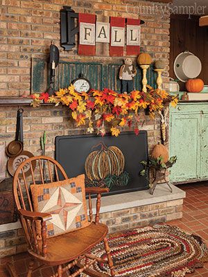 Primitive Autumn Decor, Fireplace Chalkboard, Country Sampler Decorating Ideas, Colonial Halloween, Cottage Lodge, Primitive Autumn, Country Sampler, Fall Thanksgiving Decor, Fall Deco