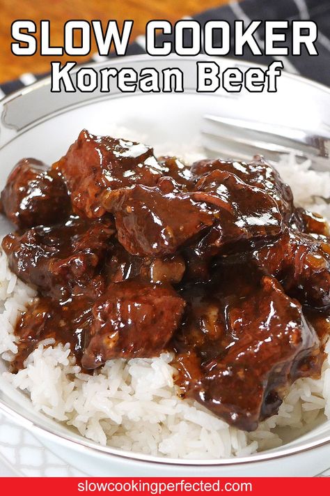 Flavorful Korean Beef in the Slow Cooker. Enjoy tender, juicy beef with a sweet and savory sauce. Korean Beef Dishes, Slow Cooker Teriyaki Beef, Korean Beef Tips, Crispy Beef Chinese, Korean Beef Soup, Crockpot Chinese, Korean Beef Recipe, Sweet And Sour Beef, Boneless Beef Ribs