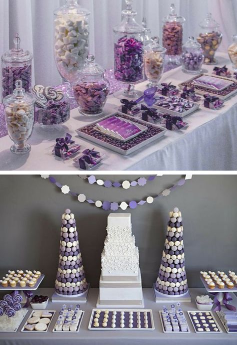 Candy Bar Ideas Purple, Purple And White Dessert Table, Tangled Quince, Purple Dessert Tables, Lolly Bar, White Dessert Tables, Purple Desserts, Lolly Buffet, White Desserts