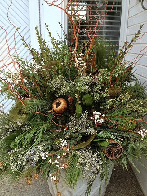 Winter pot in neutrals, pretty for Fall / Thanksgiving, and Christmas Winter Green Arrangements, Christmas Evergreen Pots, Large Winter Planters, Christmas Potted Arrangements, Winter Arrangements Indoor, Christmas Greens Arrangements, Porch Flowers Ideas Potted Plants, Organic Christmas Decor, Outdoor Holiday Planters