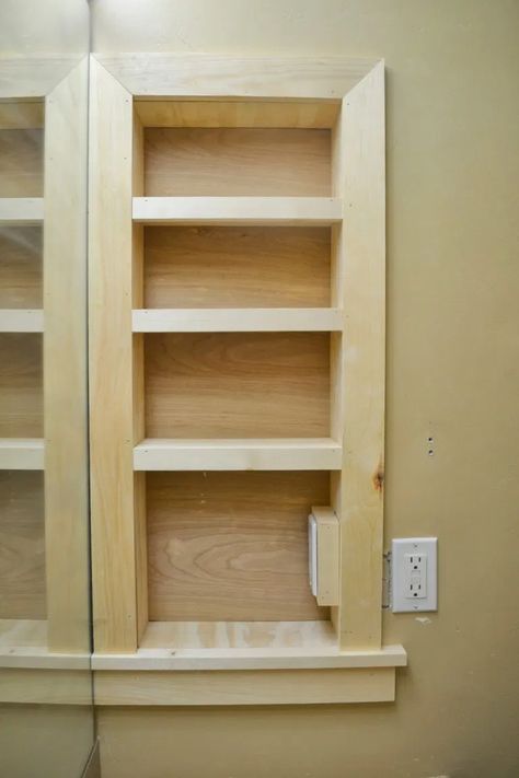 Remodelaholic | 25+ Brilliant In-Wall Storage Ideas For Every Room In Your Home Shelves Between Studs, Between Studs, Diy Bathroom Storage Ideas, Recessed Shelves, Diy Bathroom Storage, Small Space Bedroom, Small Space Organization, Small Space Diy, Small Bathroom Storage