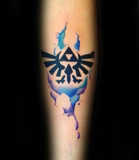 Awesome Watercolor Black Ink Triforce Male Inner Forear Tattoo Design Ideas Triforce Tattoo, Nintendo Tattoo, Tattoo Fixes, Video Game Tattoos, Nerdy Tattoos, Zelda Tattoo, Gamer Tattoos, Nerd Tattoo, Video Game Tattoo