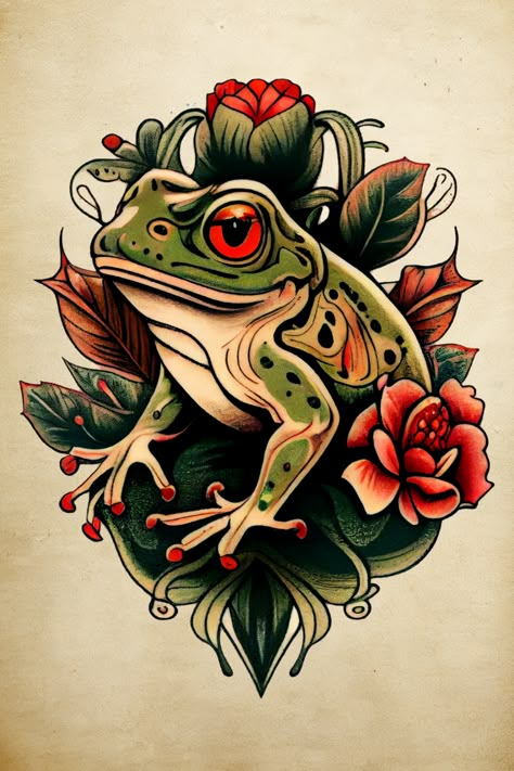 frog tattoo, tattoo, tattoo design, toad tattoo, tree frog tattoo, vintage tattoo Bullfrog Tattoo Ideas, Halloween Frog Tattoo, Frog Traditonal Tattoo, Neo Traditional Frog, Old School Frog Tattoo, Cartoon Frog Tattoo, Japanese Frog Tattoo, Frog Tattoo Ideas, Traditonal Tattoo