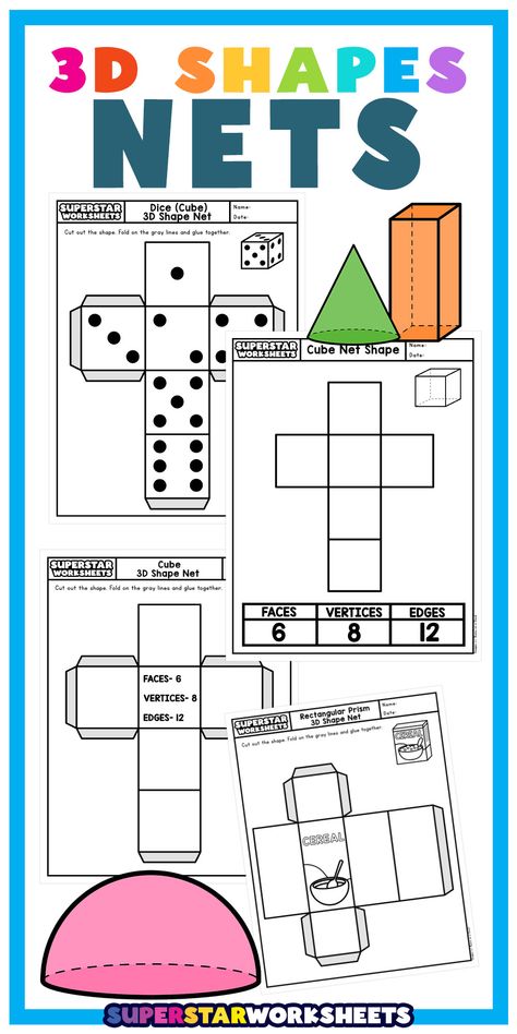 Discover the fascinating world of 3D shapes with our interactive printable nets! 📐✂️ Let your students embark on a hands-on adventure in geometry that will ignite their love for learning! 3d Shapes Nets, Shape Chart, Elementary Lessons, Rectangular Prism, Triangular Prism, Printable Shapes, Classroom Anchor Charts, Homeschool Board, Shapes Worksheets