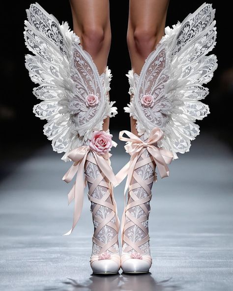 I need shoes 🎀  .  .  .  .  .  .  .  .  .  .  .  .  .  .  .  .  .  .  .  (Ai, shoes, heels, boots, ethereal, wings, lace, blue, white, princess core, stylish, couture, ribbon, bows, coquette, dollatte, fairy core, runway, fashion) Fairy Queen Aesthetic, Fantasy Shoes Heels, Swan Heels, Swan Shoes, Celeste Core, Shoes With Wings, Fairy Heels, Fairy Couture, Rh Fit Ideas