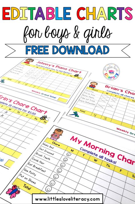 FREE Editable charts for kids {printable template} Use for chores, morning routine, bedtime routine, practicing an instrument like piano, practicing sight words, practicing math facts, & more! 18 charts in all-9 boys and 9 girls. You can edit the title, subtitle, and tasks. Perfect for preschool, kindergarten, and lower elementary students. Great way to teach time management and organization skills to kids and responsibility using chore charts. Customize for your family! Morning Routine Printable, Daily Routine Chart For Kids, Homework Chart, Bedtime Routine Chart, Morning Routine Chart, Morning Routine Kids, Kids Routine Chart, Daily Routine Chart, Kids Checklist