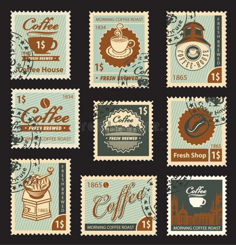 Coffee Stamps, طوابع بريد, Photography Coffee, Coffee Stock, Postage Stamp Design, Papel Vintage, طابع بريدي, Scrapbook Stickers Printable, Vintage Postage Stamps