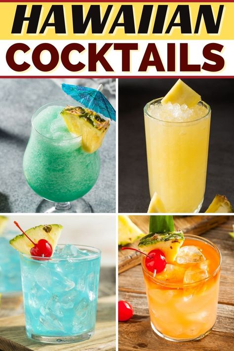 Take a trip to paradise with these Hawaiian cocktails! From mimosas to martinis to Mai Tais, these boozy beverages are the next best thing to the islands. Hawaiian Beverages Non Alcoholic, Tropical Mocktails For Luau, Hawaii Drinks Cocktails, Hawaiin Drinks Cocktails Punch Recipes, Hawaiian Mimosas, Luau Drinks, Blue Hawian Alcohol Drinks, Hawaiian Drinks, Sour Drink