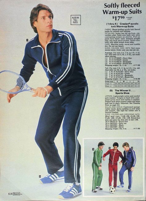 He looks like he's just been caught trying to steal that racket.    (Sears catalog, Fall/Winter 1980) Mens Vintage Sportswear, Vintage Sport Outfit, Retro Workout Outfit, 80s Mens Outfits, 70s Tracksuit, Vintage Sweatsuit, Sport Fashion Style, Athleisure Outfits Men, Sport Suit Men