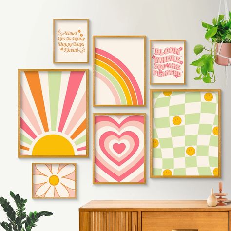 Retro Gallery Wall Set of 7, Preppy Room Decor, Smiley Face Print, Danish Pastel Decor, Cute Room Decor, Daisy Wall Art, Printable Wall Art - Etsy Preppy Room Decor Smiley Face, Retro Girls Bedroom, Retro Gallery Wall, Smiley Face Print, Danish Pastel Decor, Daisy Wall Art, Daisy Wall, Cute Room, Preppy Room Decor