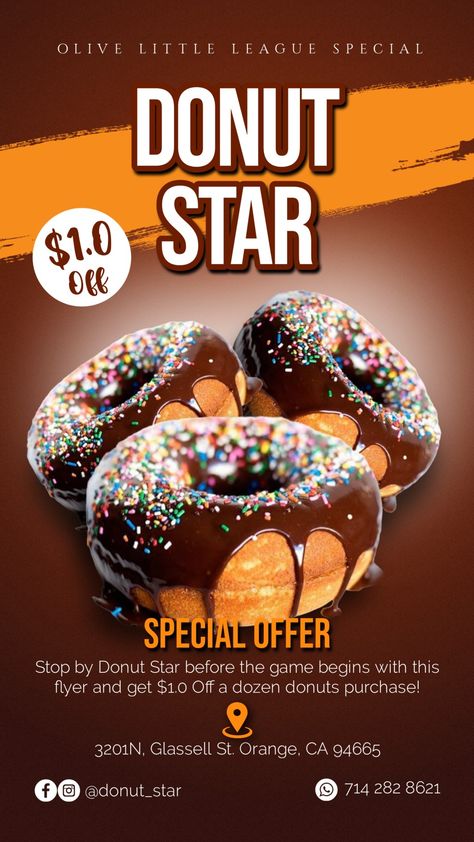 Wanna have a taste of sumptuous donuts? Donut Star is your best bet. The Flyer, designed by JPrime is for an Oliver Little League Special where a discount of $1 will be given for every 12 donuts purchased. Donut Flyer Design, Donut Advertisement Poster, Donut Poster Design, Donut Poster, Donut Media, Dozen Donuts, Wallpaper Cover, Roll Banner, Poster Food