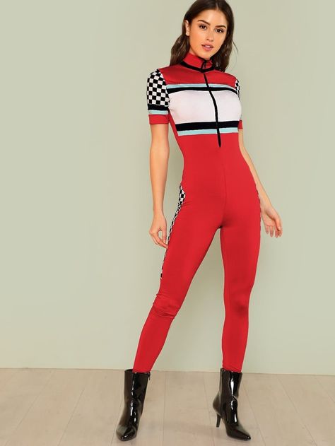 Zip Front Racer Jumpsuit | SHEIN USA Racer Jumpsuit, Classic Corvette, Jumpsuits For Women, Two Piece Pant Set, Sports Car, Jumpsuit, California, Dolls, Sports