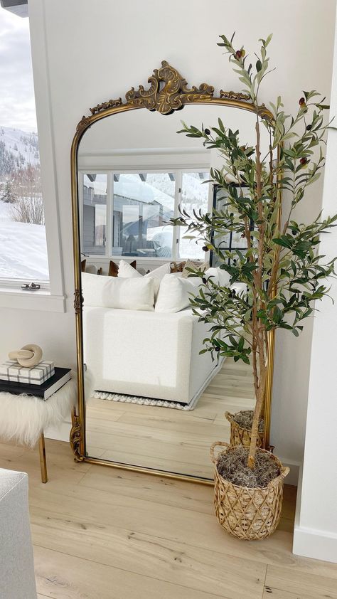 Kasey Dixon | HOME \ Excited to partner with my fave @walmart to share some of my new decor finds! See how I style this 6’ $45 faux olive tree in my… | Instagram Anthropology Aesthetic Home, Small Library Office, Living Room Esthetics, Living Room Floor Mirror, Mirror In Living Room Ideas, Home For Couples, Big Mirrors, Dixon Homes, Farmhouse Bedroom Set