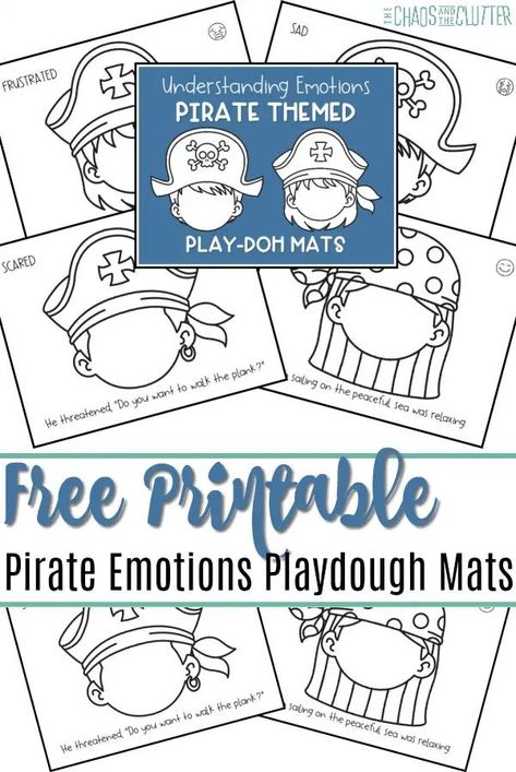 Free printable pirate emotions playdough mats. These pirate themed emotions playdough mats are a great way to get kids to learn about feelings. Most kids like pirates. These use pirate situations and list the corresponding emotion. Pirate Bingo Free Printable, Pirate Week Activities For Kids, Pirate Theme Activities, Free Pirate Printables, Pirate Activities For Kids, Pirates Activities, Pirate Activities Preschool, Preschool Pirates, Talk About Feelings