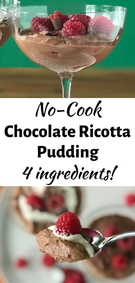 This homemade Chocolate Ricotta Pudding might be the easiest homemade dessert you'll ever make! You just need to blend together 4 ingredients to create a smooth, creamy, chocolate-y pudding. That's it! It's a simple, no cook, no bake ricotta dessert recipe that's perfect for everything from Valentine's Day to a weeknight dinner. It's quick, it's easy and you can also make it keto/low carb. Ricotta Pudding, Ricotta Cheese Desserts, Ricotta Recipes Dessert, Chocolate Ricotta, Ricotta Dessert, Dairy Free Pudding, Easy Homemade Desserts, Ricotta Cheese Recipes, Chocolate Decadence