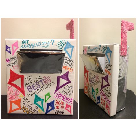 DIY suggestion mail box for ivivva! (2015) Classroom Suggestion Box Ideas, Suggestion Box Ideas Schools, Diy Suggestion Box For Work, Employee Suggestion Box Ideas, Diy Suggestion Box Ideas, Book Drive Box Ideas, Nursing Unit Council Ideas, Suggestion Box Ideas Diy, Suggestion Box Ideas Office