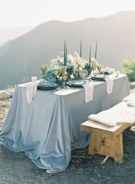 La Tavola Fine Linen Rental: Velvet Steel | Photography: Sawyer Baird, Styling, Design & Florals: TOAST Santa Barbara, Paper Goods: In Loft Calligraphy, Rentals; Barn Relic Gray Tablecloth, Romantic Bohemian Wedding, Romantic Wedding Colors, Tablecloth Wedding, Tablecloth Round, Embrace Natural Beauty, Blue Tablecloth, Bohemian Style Wedding, Wedding Tablecloths