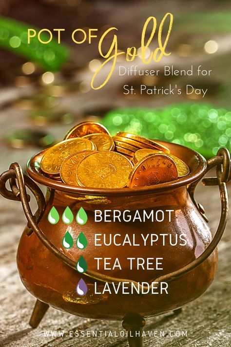 "Pot of Gold" Diffuser Blend for St. Patrick's Day! Celebrate in style and try out this diffuser recipe using Bergamot, Eucalyptus, Tea Tree and Lavender essential oils. Read For Free, Essential Oil Combinations, Eucalyptus Tea, Essential Oil Diffuser Blends Recipes, Essential Oil Remedy, Young Living Essential Oils Recipes, Essential Oils Herbs, Oil Remedies, Essential Oil Diffuser Recipes