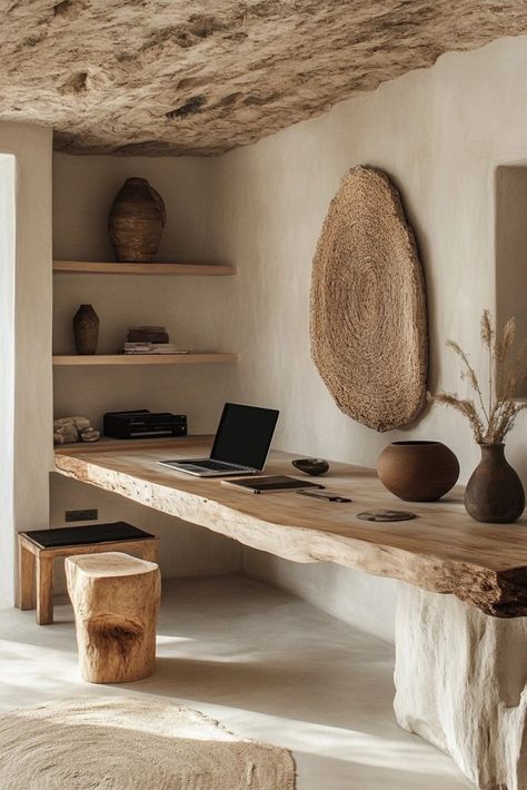 Earthy Office Space, Wabi Sabi Desk, Wabi Sabi Office, Wabi Sabi Outdoor, Zen Home Office, Japandi Home Office, Wabi Sabi Studio, Wabi Sabi Apartment, Boho Home Office