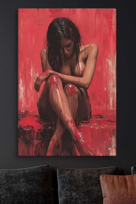 This evocative painting, titled "Red Passion," captures a raw and intense moment, with the female subject portrayed in a deeply reflective and intimate pose. The vibrant red tones dominate the composition, emphasizing the emotional depth and passion conveyed through the artwork. Intimate Paintings, Modern Art Canvas, Modern Art Canvas Painting, Emotional Depth, Art Canvas Painting, Female Portrait, Vibrant Red, Art Canvas, Art Images