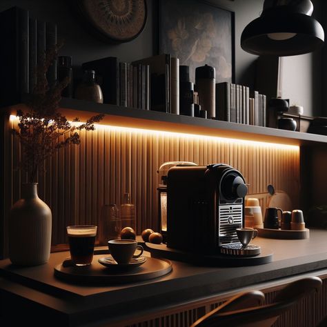 Ambient coffee station Moody Coffee Station, Black Coffee Corner, Coffee Corner Nespresso Vertuo, Office Coffee Corner, Coffee Bar Lighting, Espresso Corner Coffee Stations, Coffee Machine Station, Home Coffee Station, Espresso Station