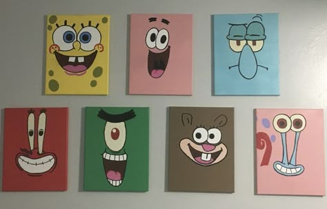 Face Canvas Painting, Cute Easy Paintings, Painted Canvases, Spongebob Painting, Disney Canvas Art, Basic Painting, Friend Painting, Easy Love Drawings, Hippie Painting