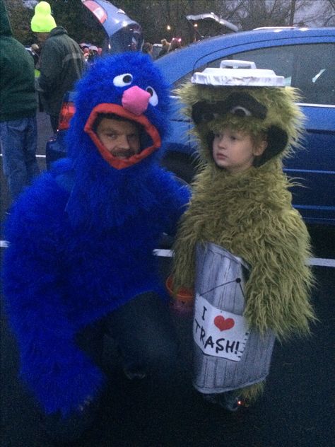 The finished Oscar and Grover costumes. Grover Costume, Bamboo Forest, Family Costumes, Party Ideas, Forest, Holidays, Halloween