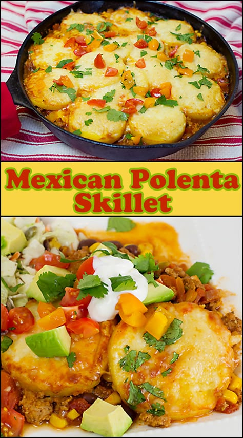 Polenta Taco Bake, Vegan Polenta Recipes Dinners, Polenta Skillet, Mexican Polenta, Simple Side Salad, Pancakes Vegan, Polenta Recipes, Vegetarian Mexican, Cast Iron Skillets