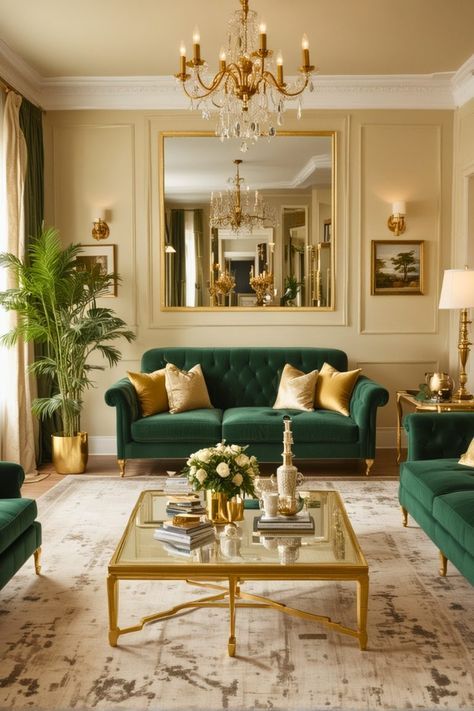 20 Forest Green Living Room Ideas That Will Blow Your Mind – The Crafty Hacks Emerald Sitting Room, Green And Brass Living Room, Bridgerton Living Room, Living Room Decor White Walls, Gold And Green Living Room, Tan And Green Living Room, Emerald Green And Gold Living Room, Hunter Green Living Room, Green Sofa Living Room Colour Schemes