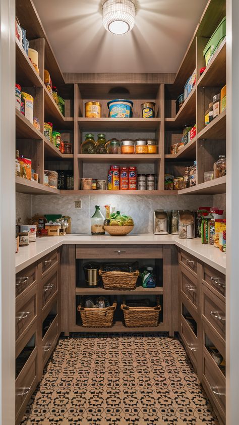 Walk-In Pantry 22 Ideas: Maximizing Space and Functionality Pantry Built Into Wall, Walk In Hidden Pantry, U Shaped Pantry, Narrow Pantry Ideas, Pantry Cabinet Design, Large Pantry Organization, Walk In Pantry Ideas Layout, Scullery Ideas, Pantry Solutions