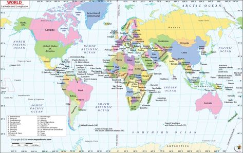 Latitude and Longitude are two coordinates that are used to plot and locate specific locations on the Earth. With the help of Lat Long Map, anyone can find the exact position of a place using its latitude and longitude. World Lat Long Map can also be used to determine the time zone of specific places. Visit website for more details. Equator Map, Latin America Map, Free Printable World Map, World Map Picture, Blank World Map, Latitude And Longitude Map, World Map Outline, Printable World Map, Time Zone Map