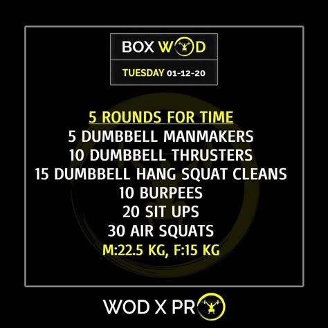 5 rounds for time 5 Dumbbells Manmakers 10 Dumbbells thrusters 15 Dumbbells hang squat cleans 10 Burpees 20 Situps 30 Air squats _ M:22.5 kg, F:15 kg _ Have a nice day! ------------------------------------------------------------------- #wod #wodxpro #workoutoftheday #workoutmotivation #workout #athlete #dailyworkout #dailymotivation #tuesday #functionalworkout #functional #fitness #fitnessjourney #crossfit #bodyweightworkout #rft #boxworkout #boxwod #crossfitworkout #crossfitcommuni Tuesday Crossfit Workout, Daily Wod Crossfit, Box Wod Workouts, Garage Workouts, Wod Workouts, Metcon Workout, Workout Athlete, Functional Training Workouts, Wods Crossfit