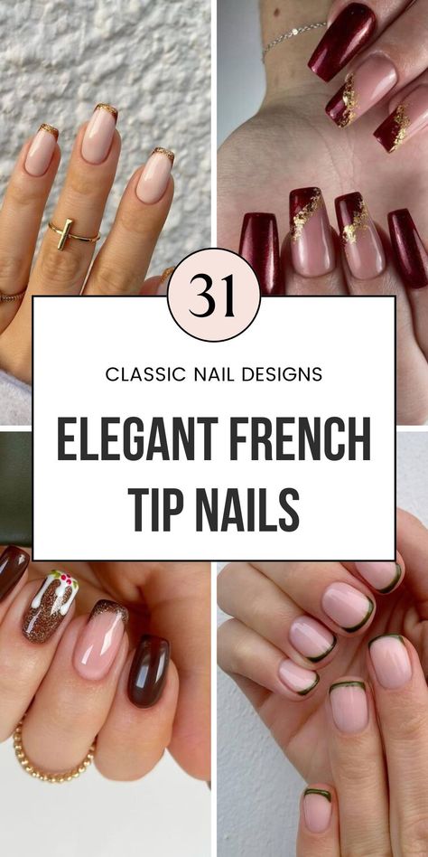 Step up your winter style with elegant French tip nails! These designs feature classy touches like gold or red tips on almond or short nails. Perfect for anyone looking for a chic, simple manicure. Save this pin to discover more elegant nail polish ideas and classy French manicure looks! French Nails Ideas White, French Tip Nails With Design Square, French Tip Nails Short Square, Almond Shaped Christmas Nails, Fancy French Nails, Gel Nails Almond Shape, French Nails Winter, Elegant French Tip Nails, Elegant Nail Polish