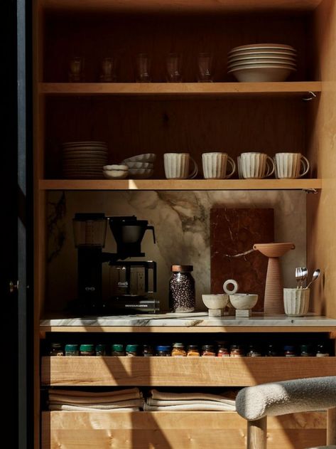 fall, shelves, styling Athena Calderone, Tea Station, Home Coffee Stations, Crate Barrel, Coffee Corner, Coffee Station, Decoration Inspiration, Kitchen Inspo, Chic Home