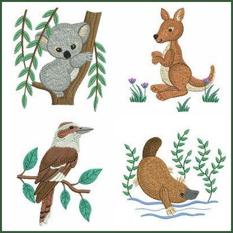 This awesome #MachineEmbroidery design set from downunder includes all your Aussie critters! Koala, kangaroo, wombat, Tasmanian devil, platypus, kingfisher and more! Felt Australian Animals, Kangaroo Embroidery, Wombat Cross Stitch Pattern, Wombat Embroidery, Kangaroo Applique Pattern, Kookaburra Applique, Animal Baby Quilt, Baby Quilt Pattern, Animal Embroidery Designs