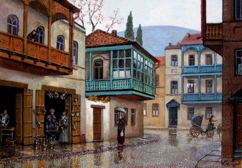 A painting of Old Tbilisi by Giovanni Vepkhvadze Old Tbilisi Painting, Georgian Paintings, Drawings Of Nature, Pencil Drawings Of Nature, Cultural Aesthetic, Georgian Art, Old Tbilisi, Pe Design, Republic Of Georgia