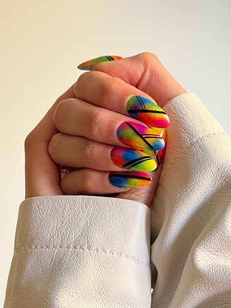 Colourful nails with blacl graphic lines Multicolour Nail Art, Colourful Nails, Nail Colors, Nail Designs, Nail Art, Nails, Quick Saves, Color, Design