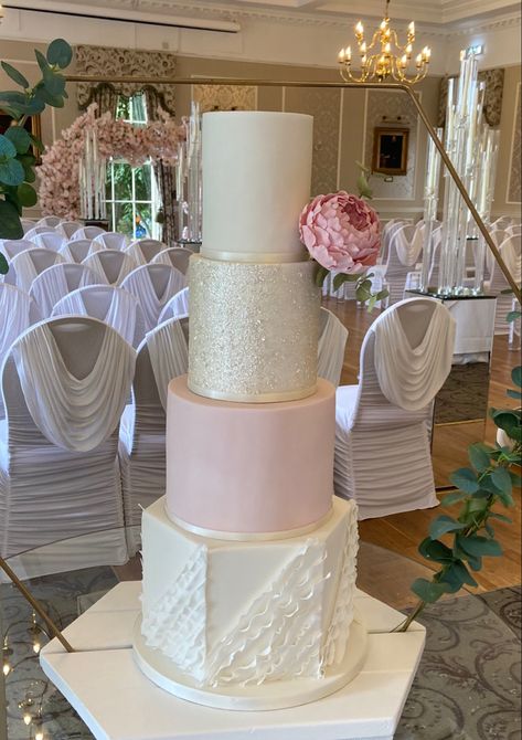 4 tier modern wedding cake with hexagon tier, ruffkes, pink & white, sugar peony Wedding Cake Hexagon, Ruffles Wedding Cake, Hexagon Wedding Cake, Single Tier Wedding Cake, 4 Tier Wedding Cake, Tier Cakes, Ruffle Wedding Cake, Modern Wedding Cake, Tiered Wedding Cake