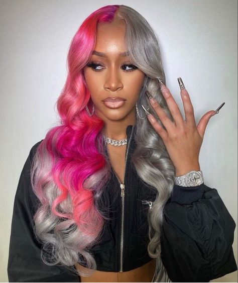 Grey And Pink Hair, Frontal Wig Hairstyles, Creative Hair Color, Pretty Hair Color, Brazilian Body Wave, Dope Hairstyles, Colored Wigs, Front Lace Wigs Human Hair, Frontal Wig