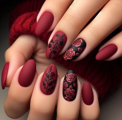 Burgundy Nails With Flower Design, A Court Of Thorns And Roses Nail Art, Persian Nail Design, Black And Red Flower Nails, Nail Inspo Almond Minimalist, Nails For Graduation Pictures Almond, Masquerade Ball Nails, Gothic Floral Nails, Black Nails With Red Roses