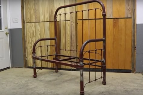 Bed to Bench - Metal Version : 7 Steps (with Pictures) - Instructables Metal Headboard Bench Diy, Wrought Iron Bed Frame Ideas, Metal Bed Frame Benches, Metal Bed Bench, Iron Bed Frame Ideas Repurpose, Bench From Iron Bed, Metal Bedframe Repurposed, Repurposed Metal Bed Frame, Iron Bed Bench