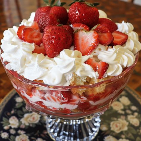 Punchbowl Cake, Strawberry Punch Bowl Cake, Strawberry Punch, Punch Bowl Cake, Piccata Recipe, Fluffy Cake, Trifle Dish, Strawberry Glaze, Creamy Pudding