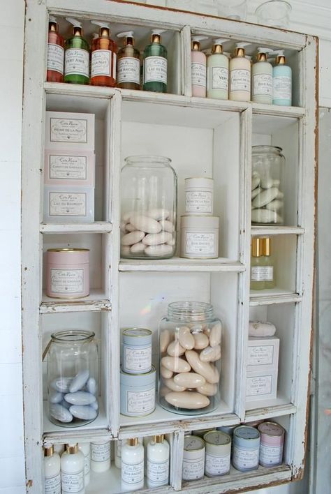 pretty soap and lotion display......For beautiful wedding dresses visit emmahunt.co.uk Shabby Chic Accessories, Old Window Frame, Chic Bathroom, Frame Shelf, Shabby Chic Bathroom, Soap Shop, Chic Bathrooms, Chic Kitchen, Shabby Chic Kitchen