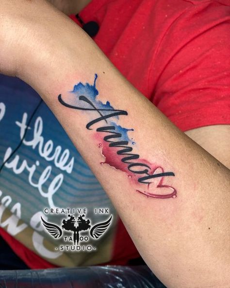 Colored Name Tattoo Design, Colourful Tattoo Designs, Water Ink Tattoo, Color Splash Tattoo Design, Colour Flash Tattoo, Color Full Tattoo, Watercolor Name Tattoo, Colour Splash Tattoo, Name Tattoo With Design