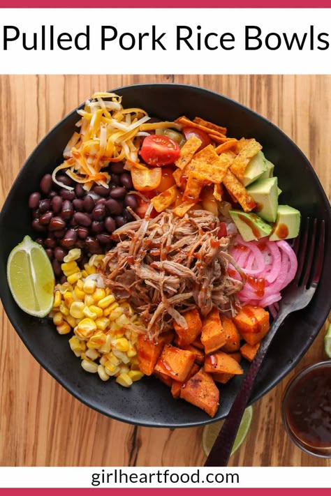 Pulled Pork Buddha Bowl, Bbq Pulled Pork Rice Bowl, Pulled Pork Taco Salad, Pulled Pork Bowls Rice, Pulled Pork Over Rice, Bbq Pork Bowl Ideas, Pulled Pork Taco Bowl, Pulled Pork Quinoa Bowl, Pork Belly Bowls