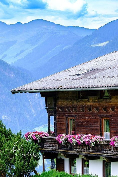 Traditional Austrian alpine house with flowers on balcony. Reith im Alpbachtal, Alpbachtal valley, Tyrol, Austria. Download photo. Flowers On Balcony, House With Flowers, Alpine House, Tyrol Austria, Tell A Story, Architecture Interiors, Street Scenes, Travel Aesthetic, My Travel