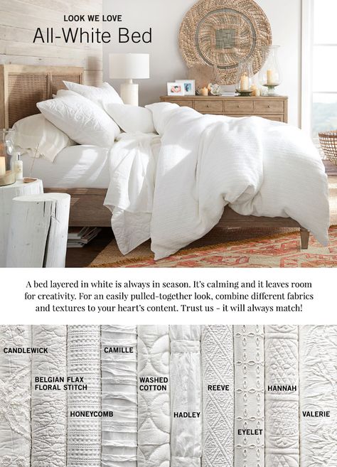 Pottery Barn White Bedroom, Winter White Bedding, White Bedding Inspiration, White Layered Bedding, White And Off White Bedding, White Master Bedding, White Master Bed, All White Bedding With Accent Pillows, White Cozy Bed