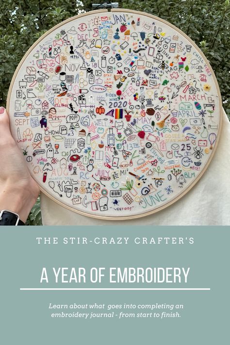 Pictured is a completed embroidery journal being held up against a lush green background. The test states a year of embroidery Embroidery Journal, Hand Embroidery Stitches, Embroidery Needles, Embroidery Hoop Art, Hand Embroidery Patterns, Embroidery Inspiration, Hoop Art, Embroidery Projects, Embroidery Hoop